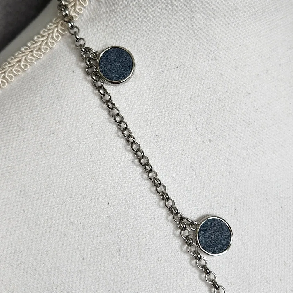 NWT Chico's Delanie Necklace Long Silver Chain + Double Sided Blue Circle Charms